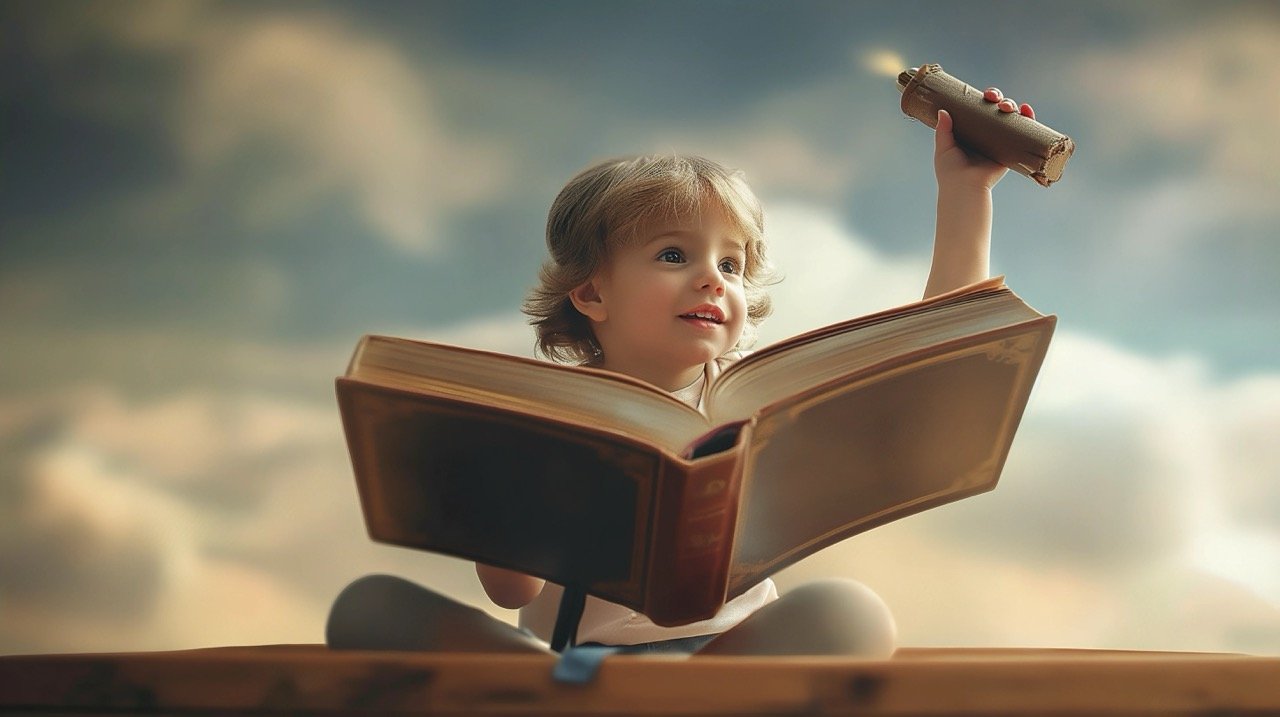 Stock Photo of a Child Flying on a Book Ideal for Education and Reading Projects