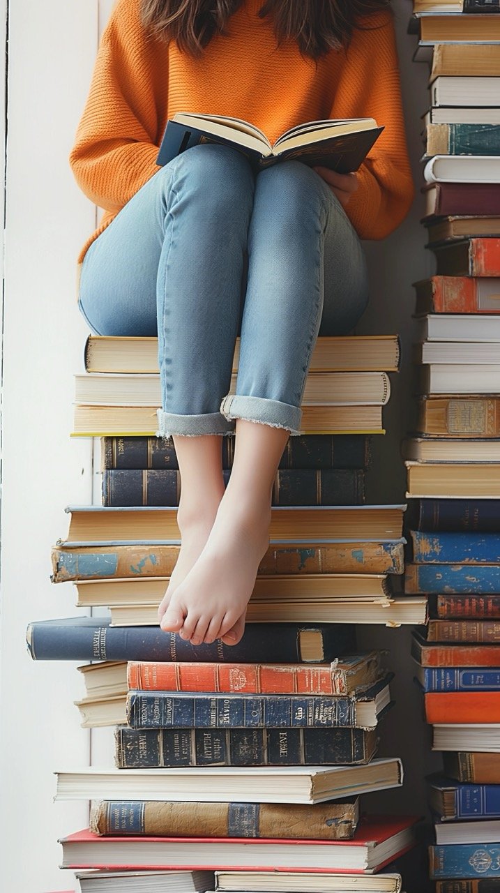 Student Reading on Pile of Books School Education and Learning