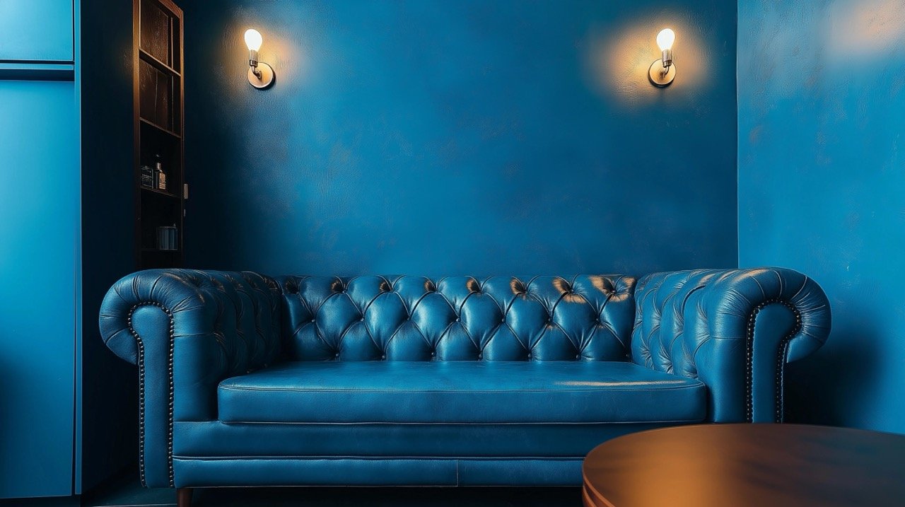 Stylish Blue Leather Sofa Next to Brown Wooden Table in Chic Nighttime Living Room Design