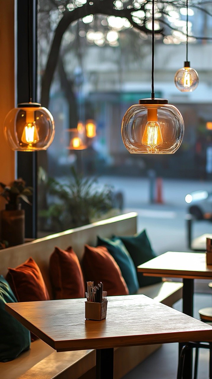 Stylish Cafeteria Interior with Two Round Pendant Lamps, Featuring Contemporary Design and Modern Apartment Furniture