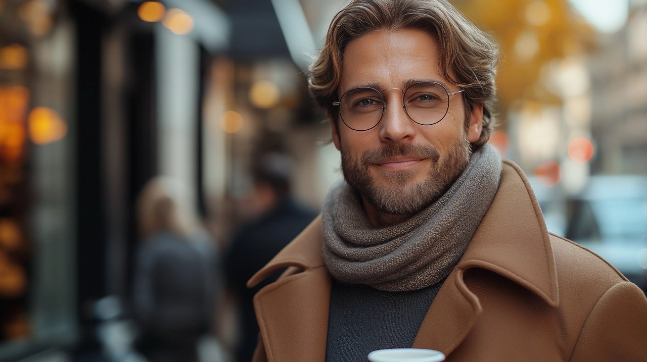 Stylish Gentleman on City Street Holding Coffee, Fashionable with Sunglasses and Modern Attire