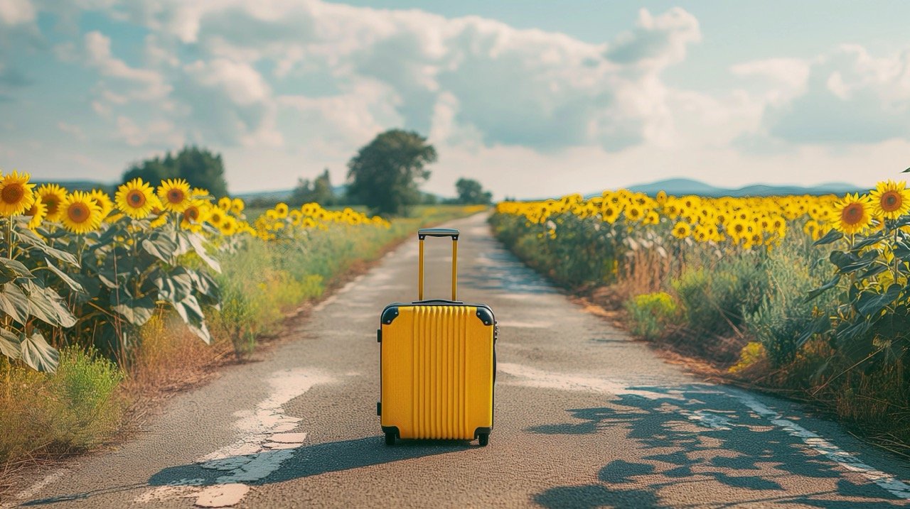 Suitcase on Road Surrounded by Sunflowers | Travel Destinations and Road Trip | Vacation Photo | Stock Image