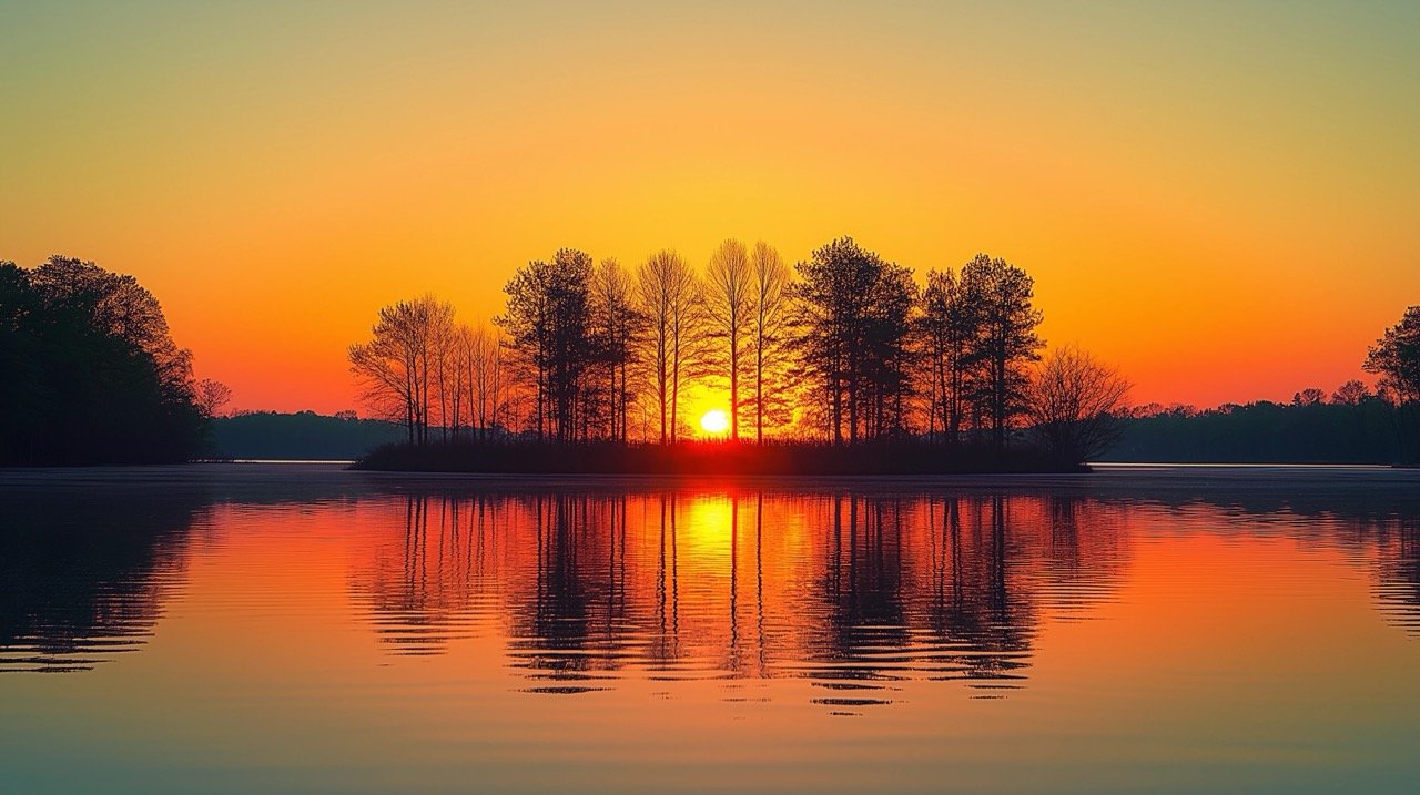 Summer Night Vibes Silhouette of Trees by Water During Sunset, Nature Landscape and USA Background.