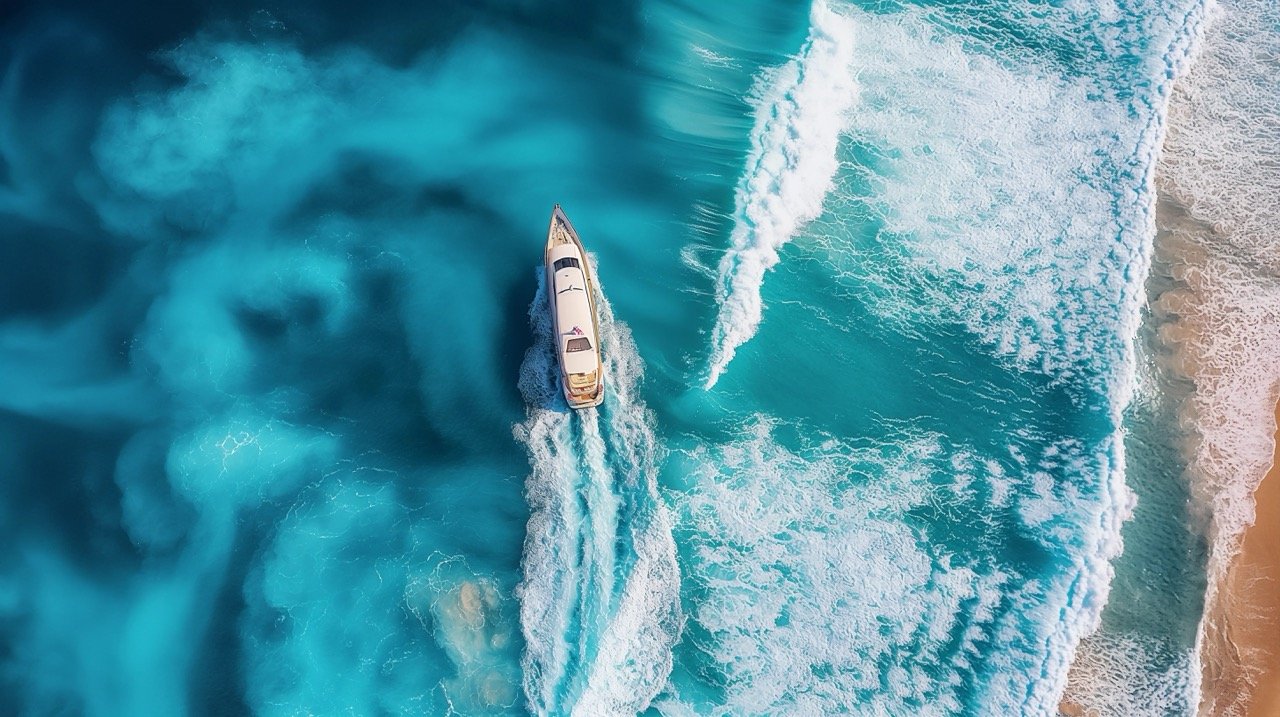 Summer Seascape with Waves and Yacht | Top View of Turquoise Water | Aerial Drone Photo | Travel Image