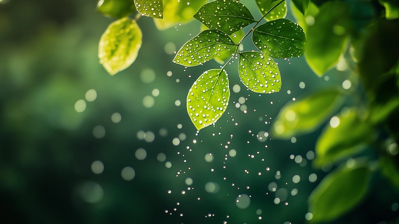 Summer Vibe Close-Up of Green Vine in Nature, Washington Backgrounds, Wellness Wallpaper with Fresh Water Drops