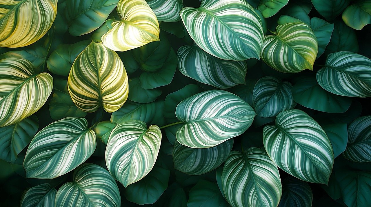 Summer Vibes Green and White Leafed Plants, Nature Texture, Tropical Greenery, and Floral Wallpaper Background.