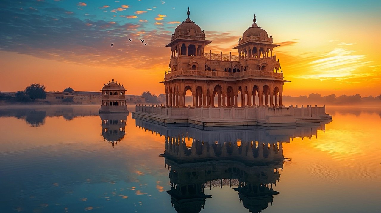 Sunrise Over Gadisar Lake with Ancient Temples – Beautiful Jaisalmer, Rajasthan Stock Photo