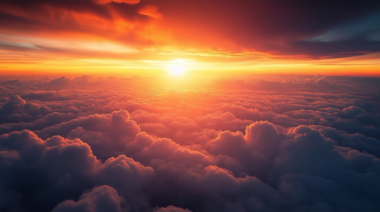 Sunset Over Sea of Clouds Winter Nature Sky Wallpaper in Orange and Yellow, Perfect for Desktop Backgrounds.