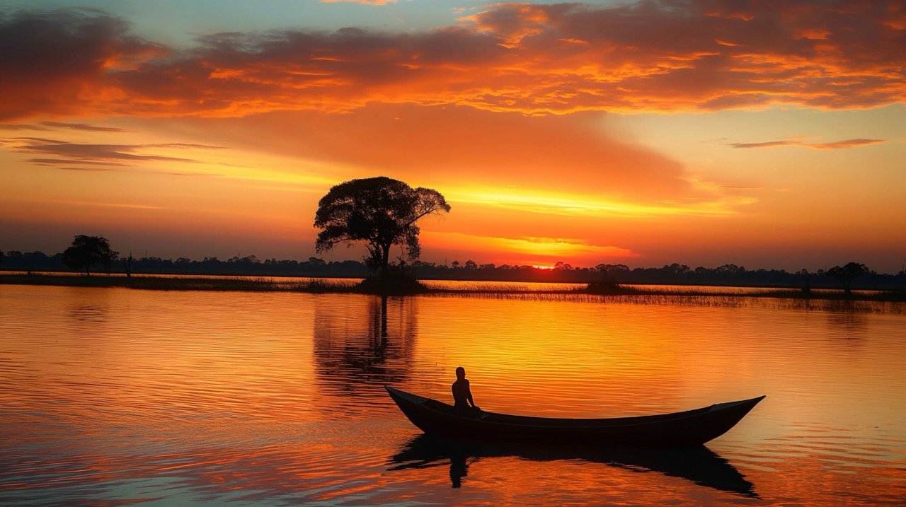 Sunset Rowing Boat in Flooded Paddy Field | Stock Photo | Travel Destinations, India, Nautical Vessel, Romance