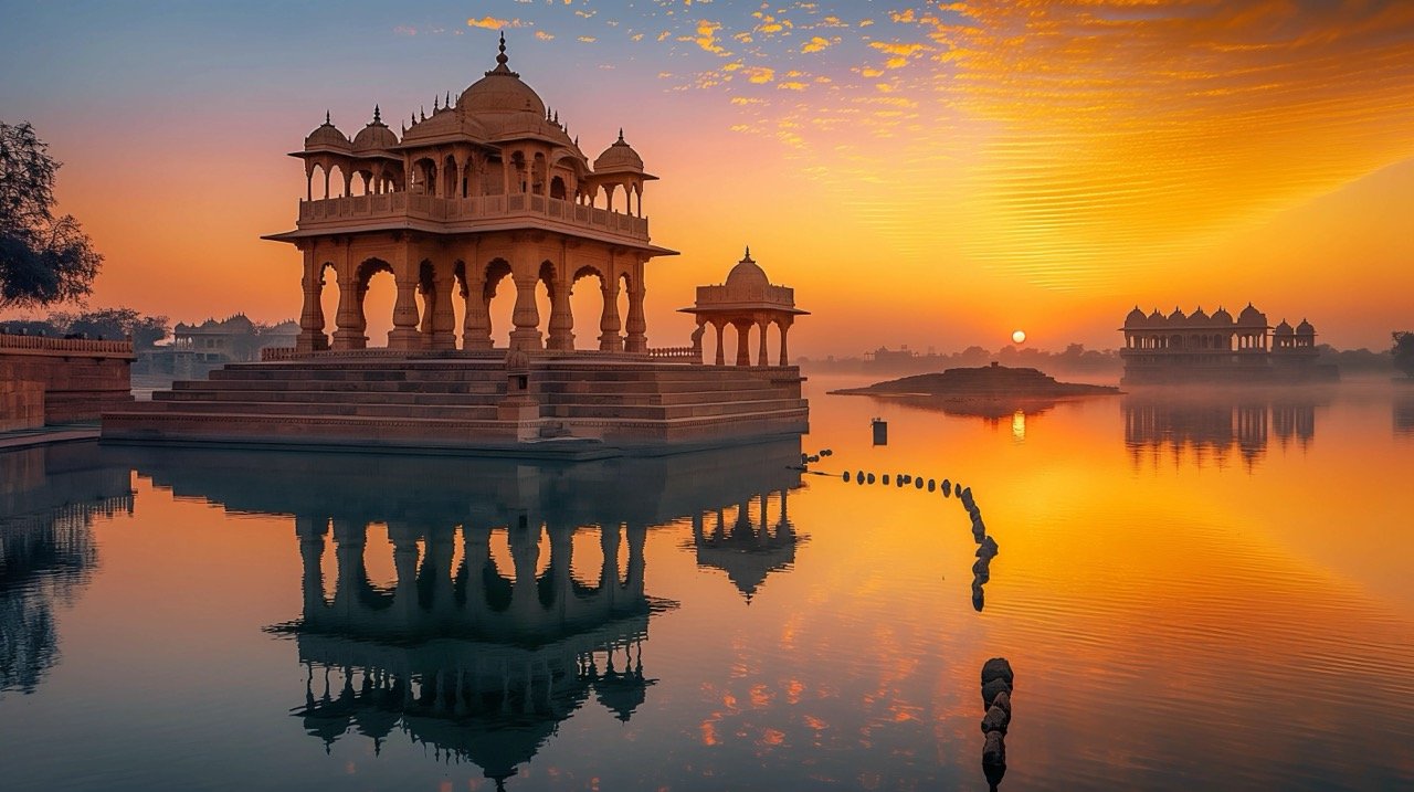 Temples and Ruins at Gadisar Lake at Sunrise – Captivating Jaisalmer, Rajasthan Stock Photo