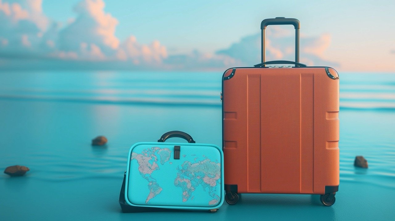 Travel Concept on Blue Background – Ideal Stock Photo Featuring Suitcase and Vacation Journey