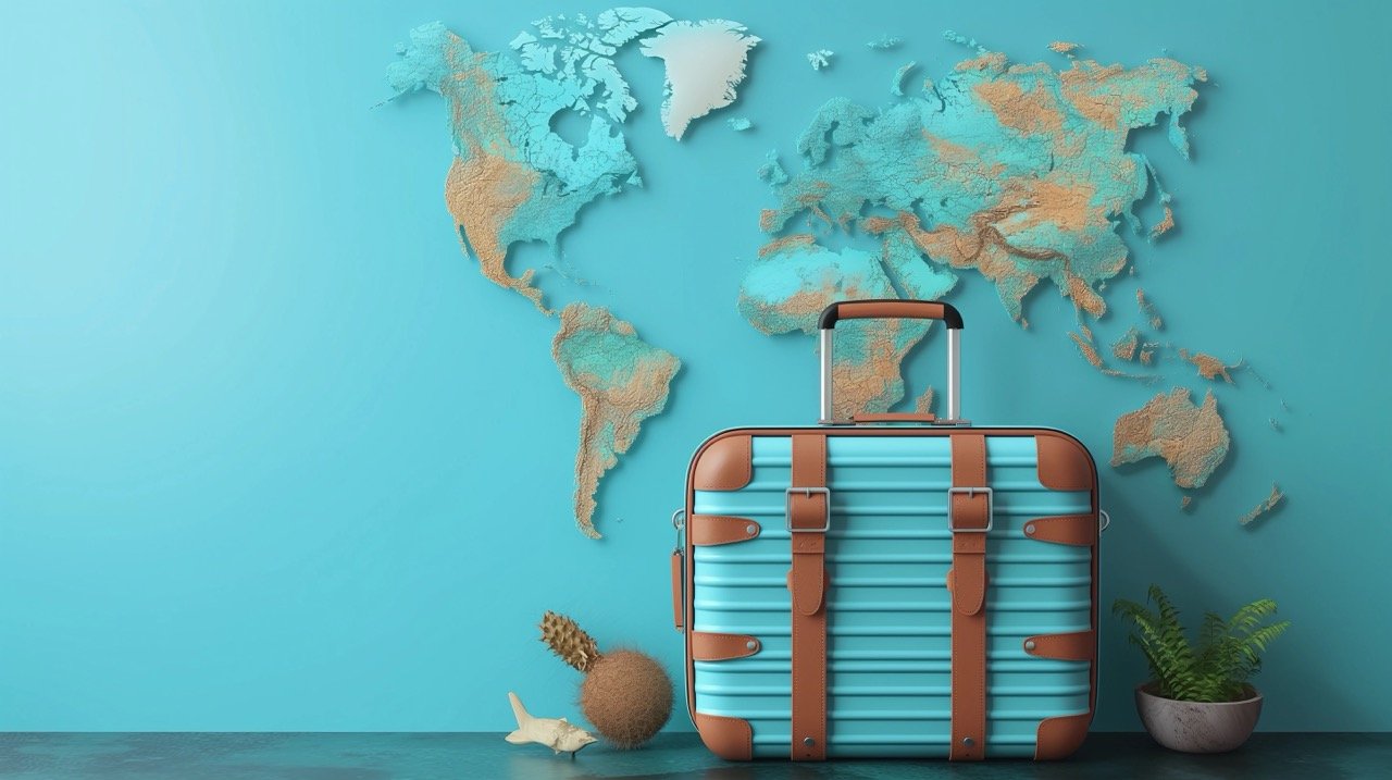 Travel Theme with Suitcase on Blue Background – Perfect Stock Photo for Vacation Planning