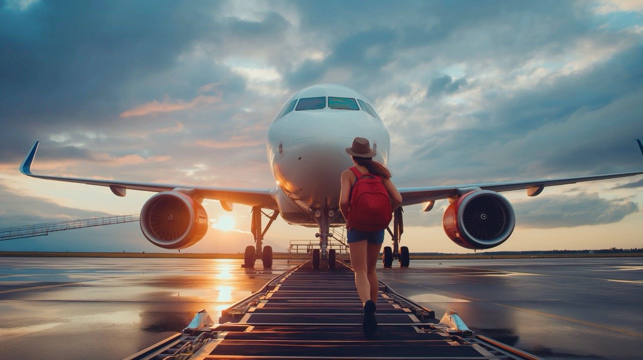 Traveler Walking to Plane – Captivating Stock Photo for Airplane Journeys and Vacations