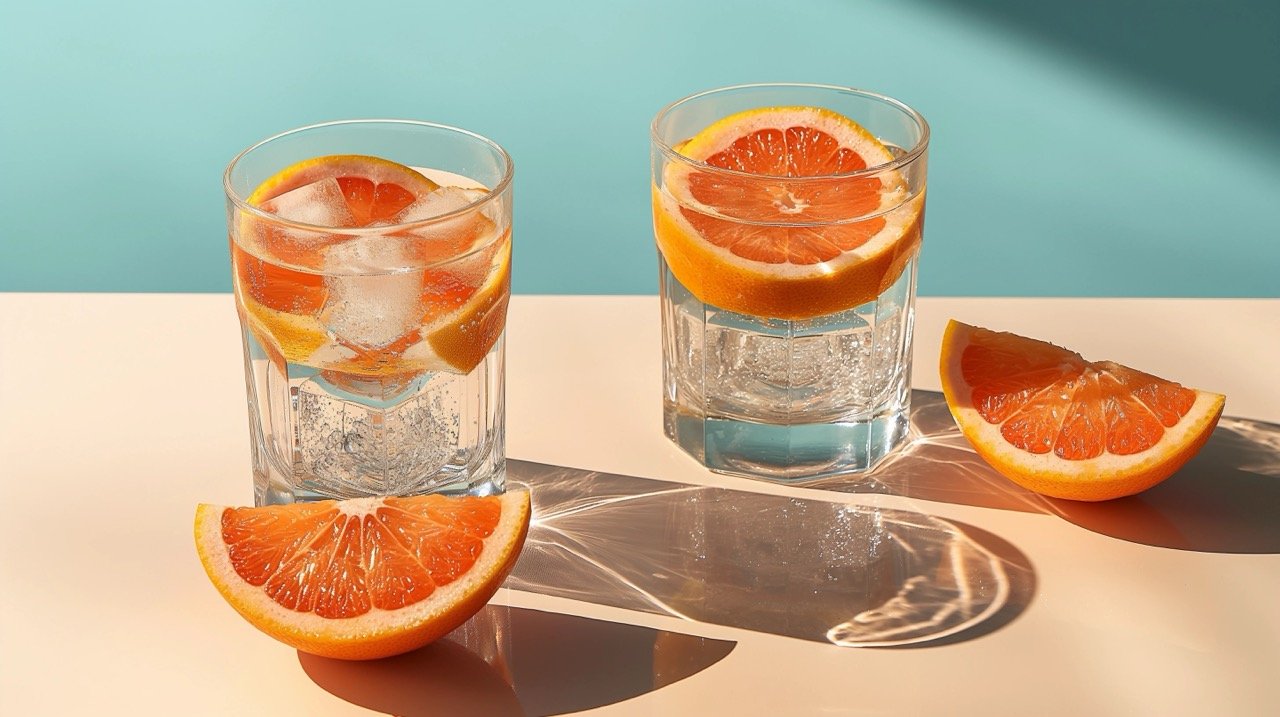 Two Cocktails with Fresh Grapefruit – Elegant Stock Photo with Bright Beige and Blue Summer Shadows