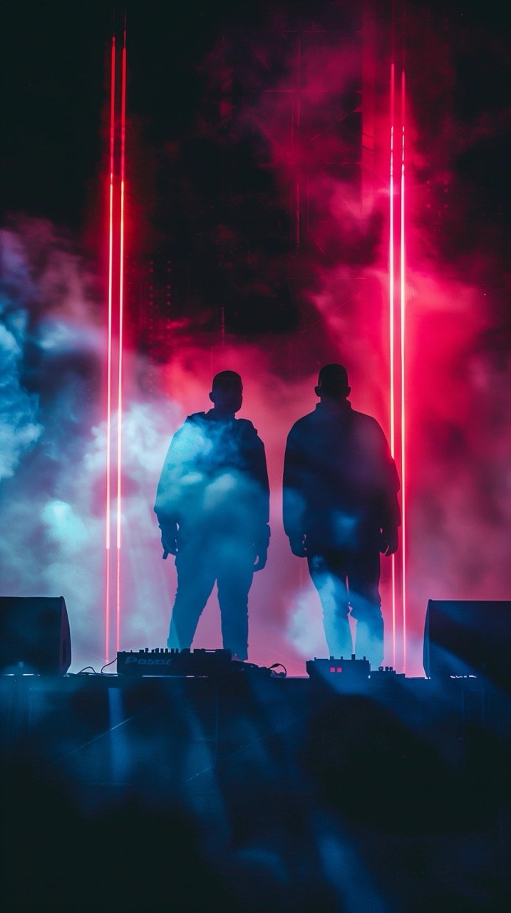 Two Men Standing in Front of Smoke at a Music Festival – Concert Silhouette Photo