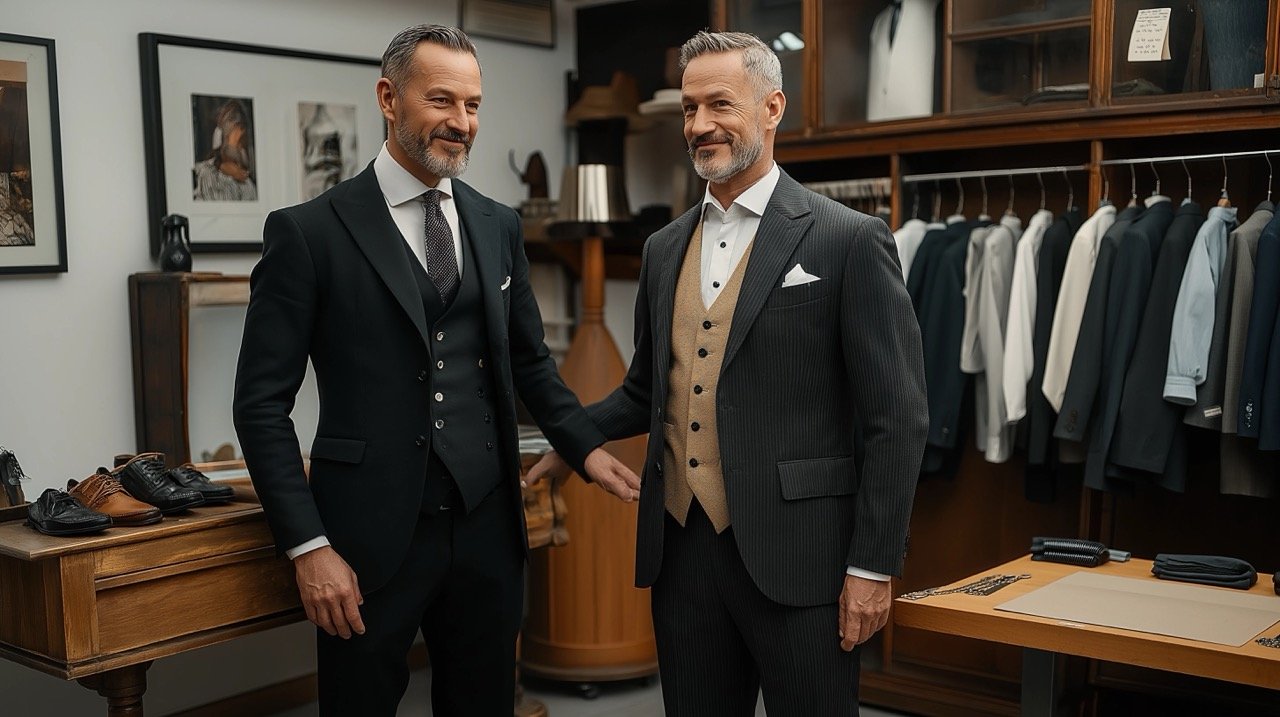 Two Men in Black Suits Standing Together, Classy Business Attire in Contemporary Atelier Setting