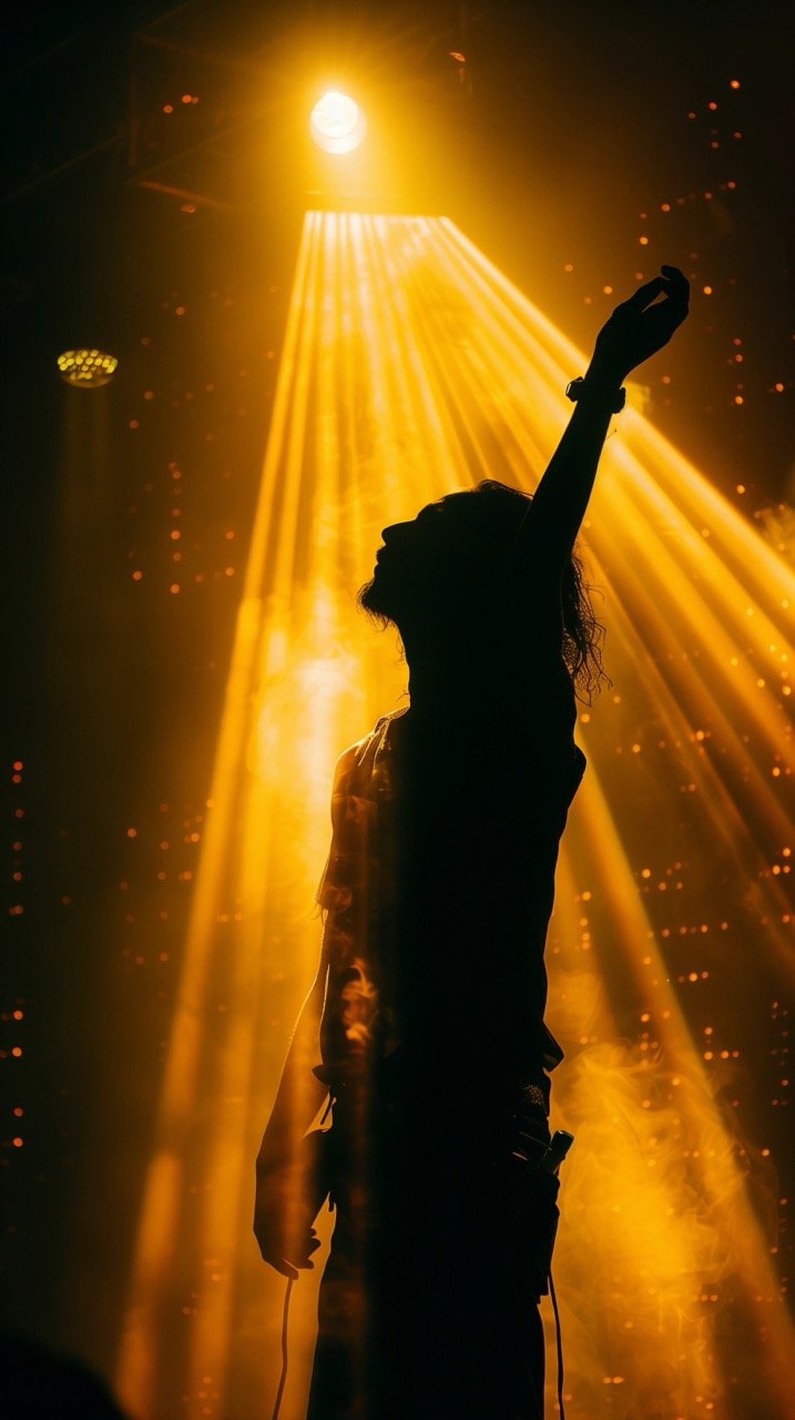 Unknown Person Dancing Indoors – Silhouette Photography with Dramatic Yellow Light Beams on Stage