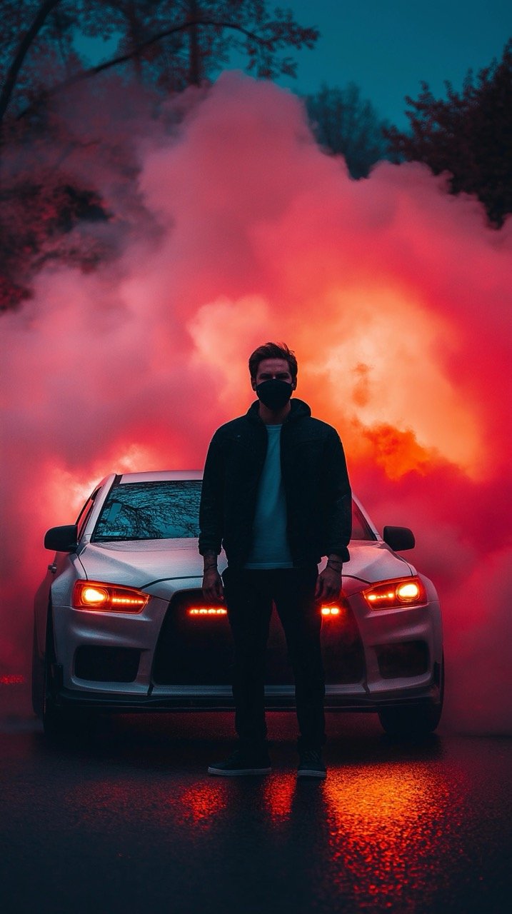 Unrecognizable Man Near Modern Car with Bright Smoke Cloud in Night Glow, Celebrating in City