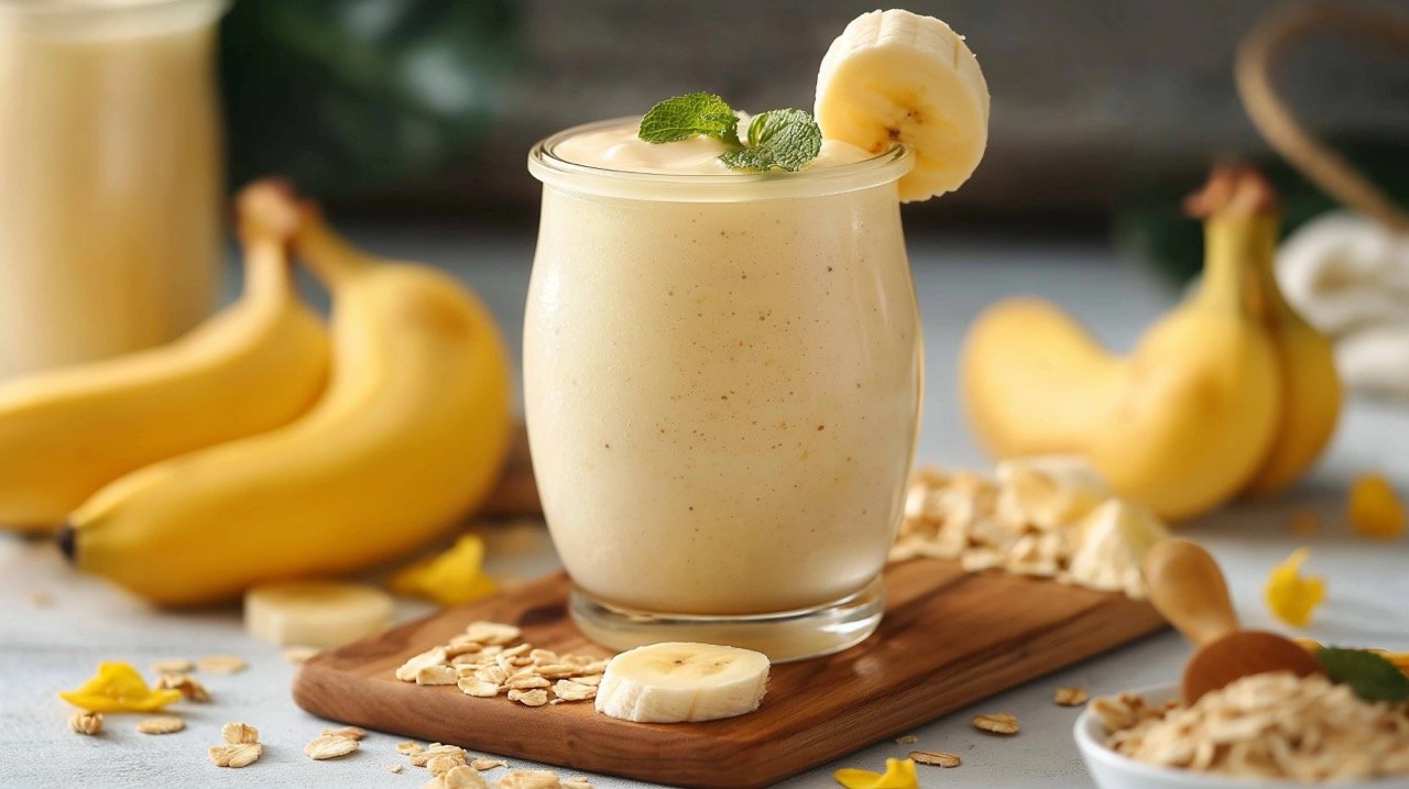 Vegan Banana Oatmeal Smoothie in Glass Jar – High-Quality Stock Photo on Light Background