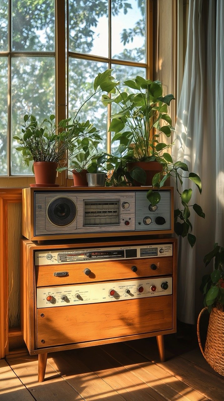 Vintage Stereo Radio and Retro Furniture in Antique Apartment with Classic Collection and Daylight Decor