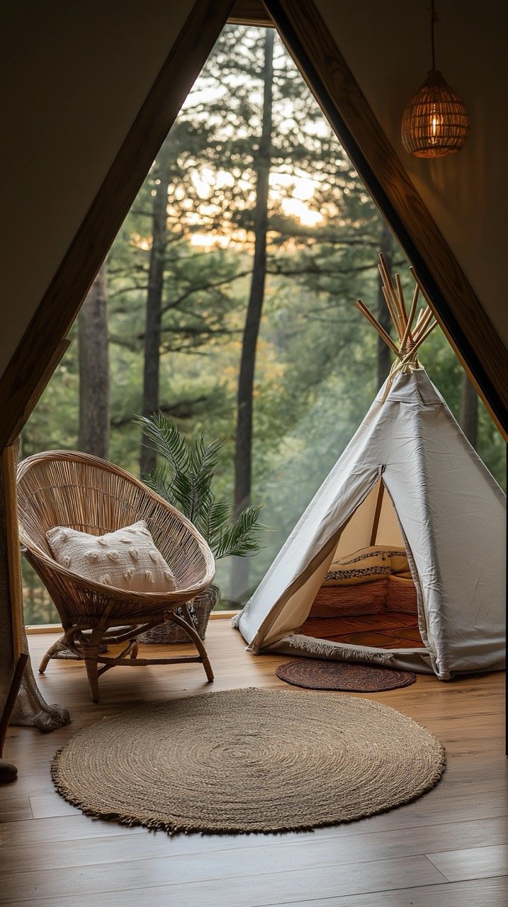 Wicker Furniture and Wigwam in Room Interior on Terrace, Cozy Armchair and Daytime Decoration Design