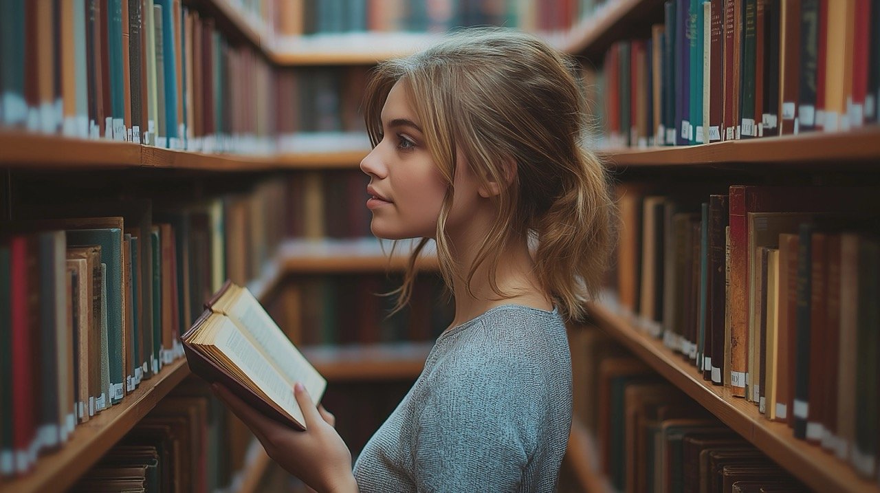 Woman Between Library Shelves Reading and Learning Photos for Education, College, and Students