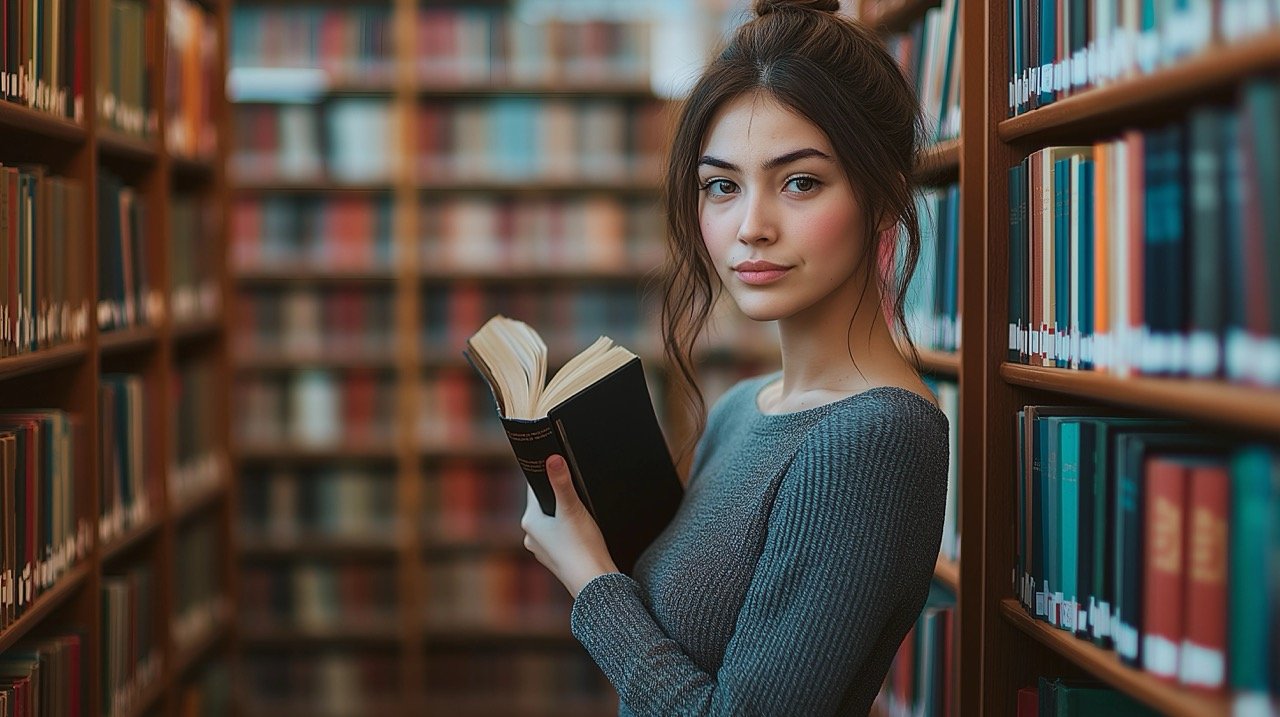 Woman Standing Among Library Bookshelves Education, Reading, and Learning in a College Environment