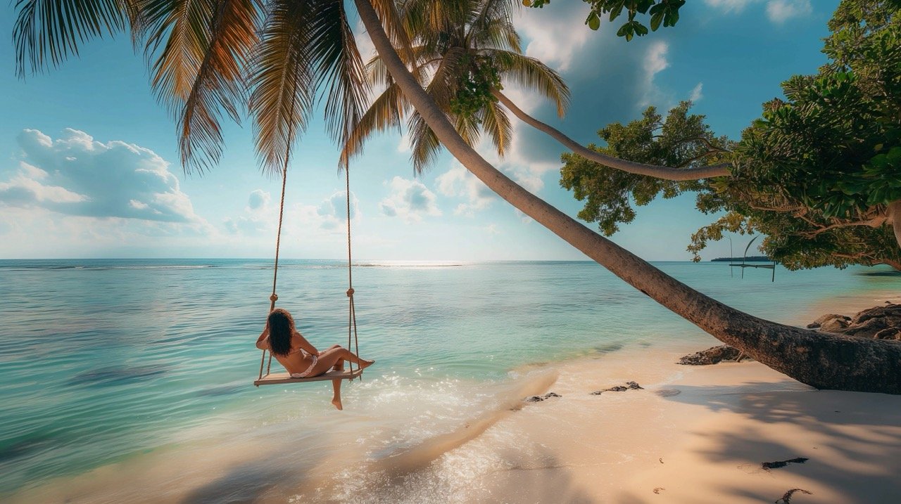 Woman on Swing in Tropical Maldives – Luxury Travel Stock Photo for Vacation Inspiration