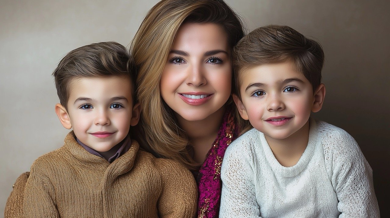 Woman with Two Boys in Family Portrait Posing Together, Smiling and Happy