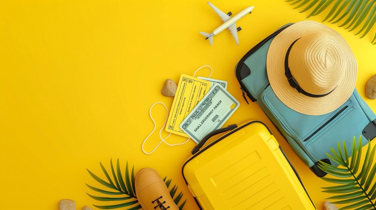 Yellow Background with Passport Airplane Tickets Yellow Suitcase Sun Hat and Face Mask | Stock Photo | Summer Travel