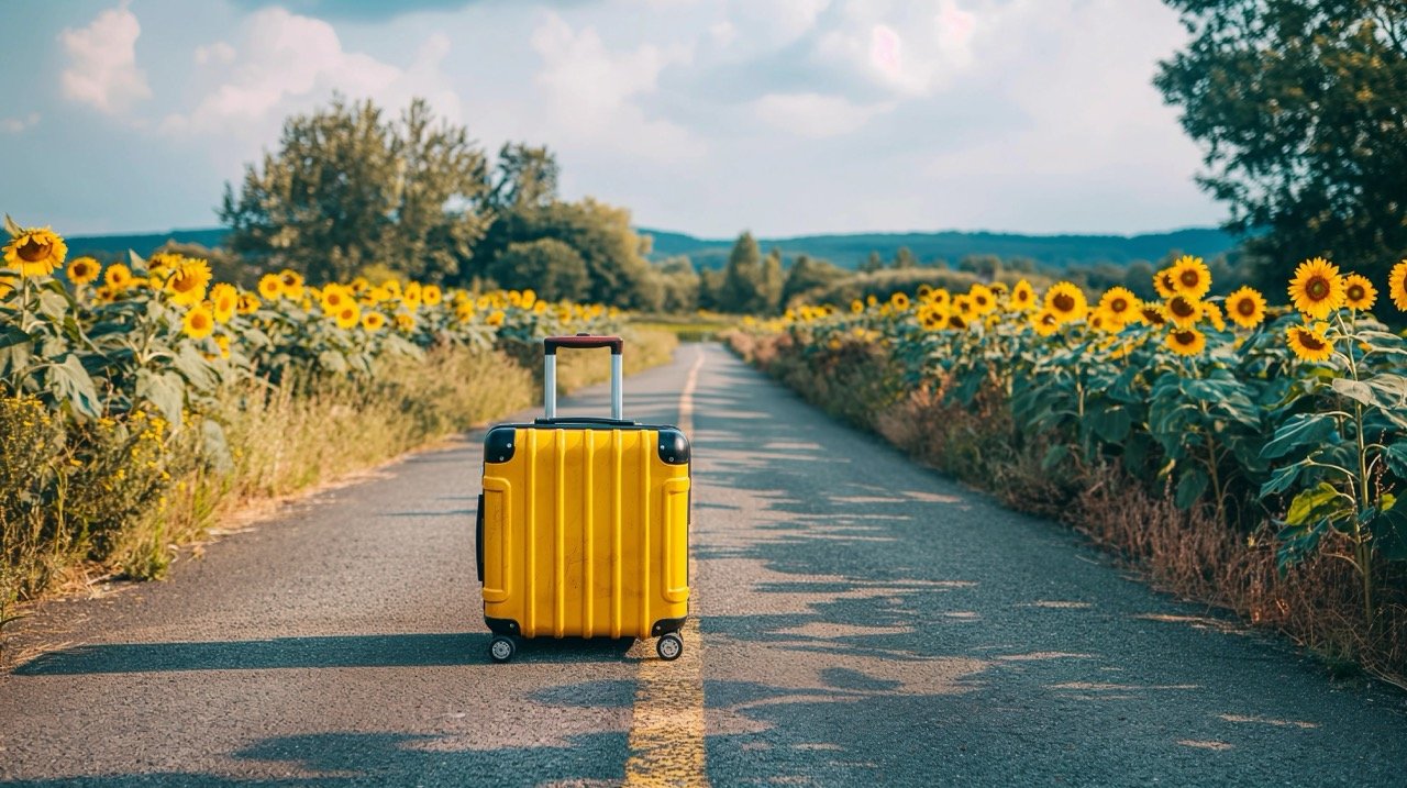 Yellow Suitcase on Road with Sunflowers | Perfect Vacation Travel Photo | Road Trip Destination | Stock Image