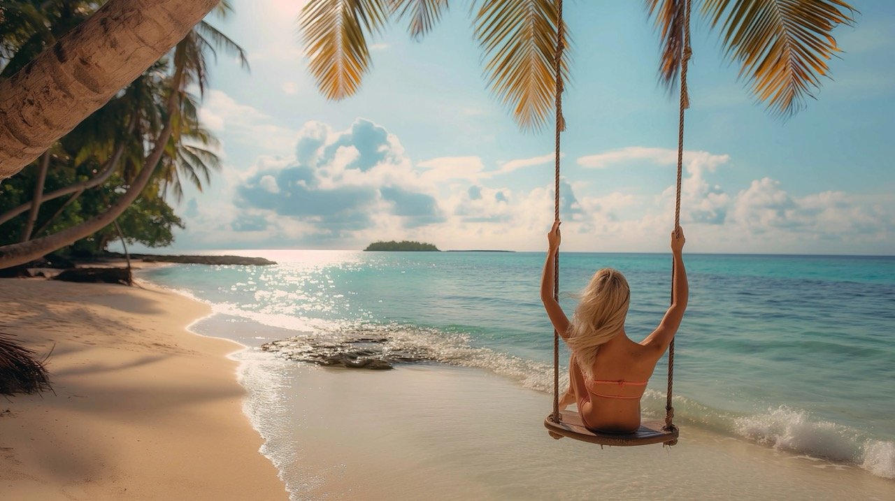 Young Adult Relaxing on Swing in Maldives – Beautiful Beach Stock Photo for Luxury Travel