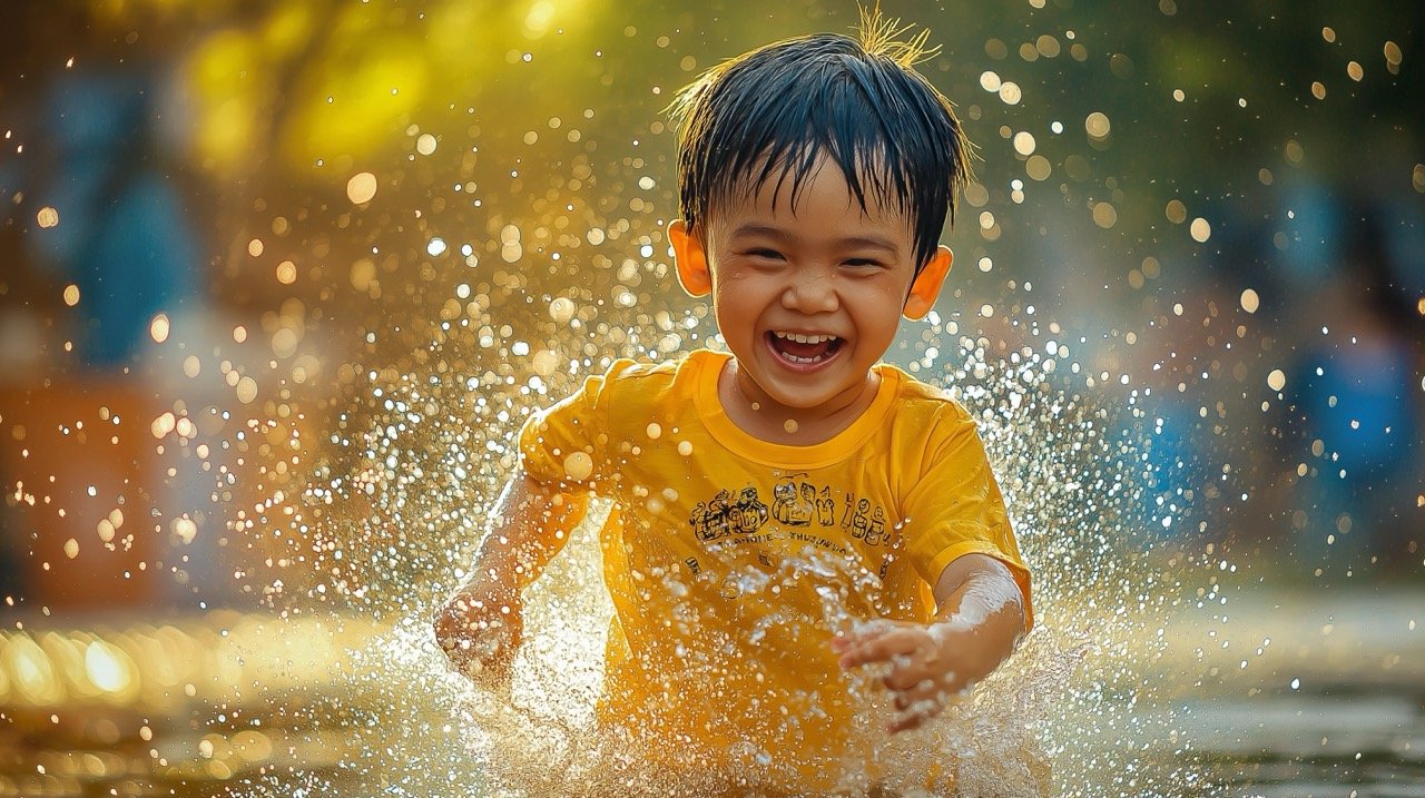 Young Boy Running Through Water Sprinkles Joyful Summer Play and Family Fun in Vietnam