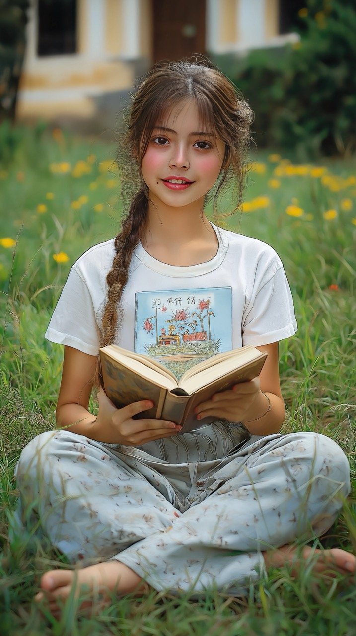 Young Girl Sitting in Grass, Holding a Book, Outdoor Reading, Nature Background, Relaxing Moment