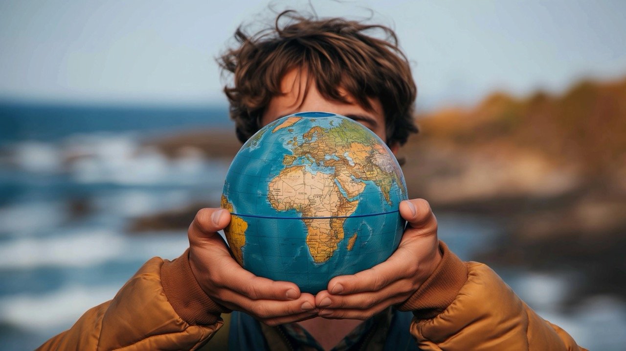 Young Man with Globe | Stock Photo | Travel Sustainable Lifestyle Globe Navigation Emotional Connection