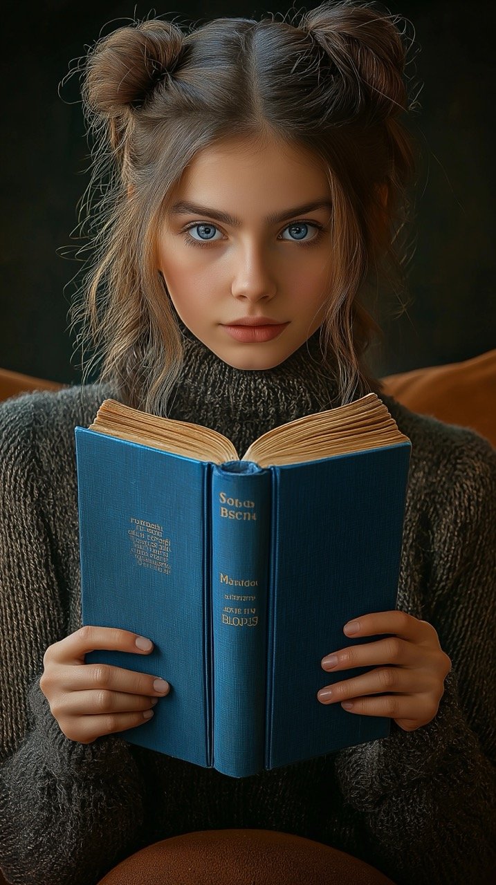 Young Woman with Blue Book Sitting on Brown Sofa, Fashionable Clothing, People and Text