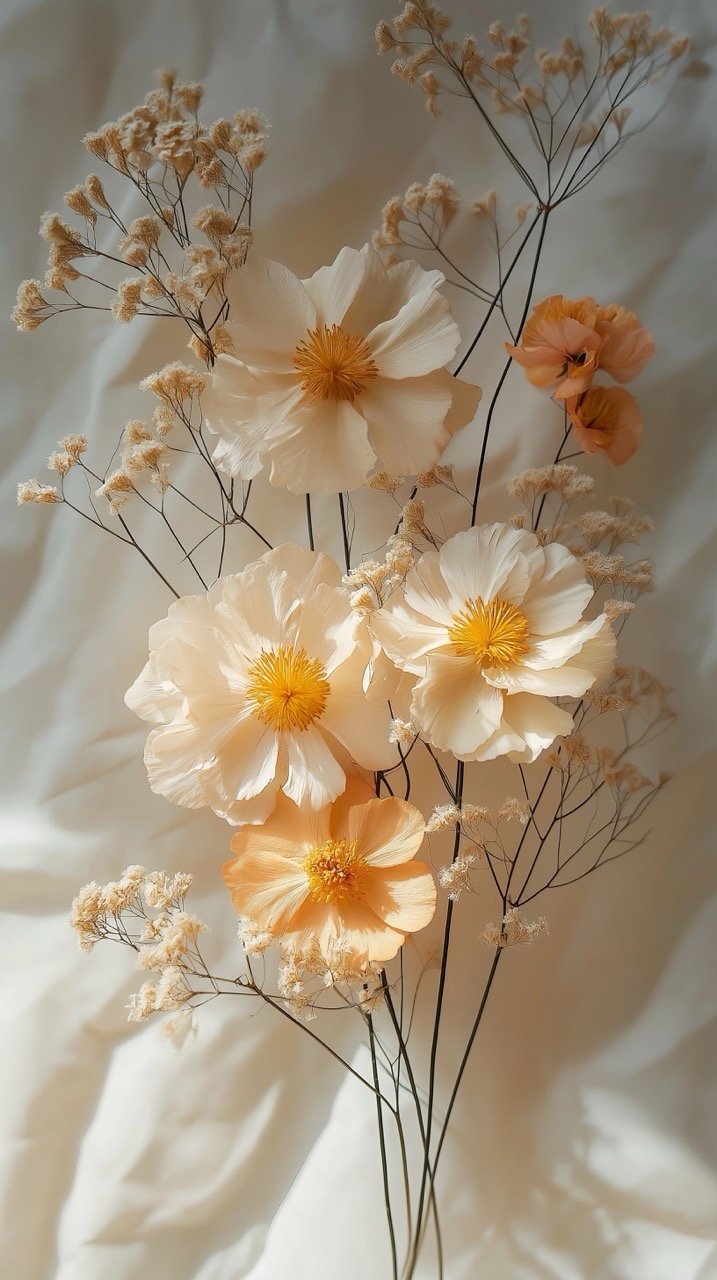 Abstract Geometric Floral Patterns on a Single Branch, Projecting Soft Shadows on Tan and White Background