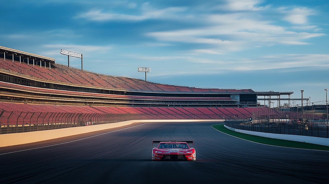 Aerial Photography of Car on Racing Stadium at Sunset with Clear Blue Sky and NASCAR Experience