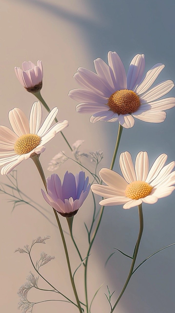 Aesthetic Display of White Daisies Creating Long Shadows on a Plain Background, Ideal for Minimalist Decor