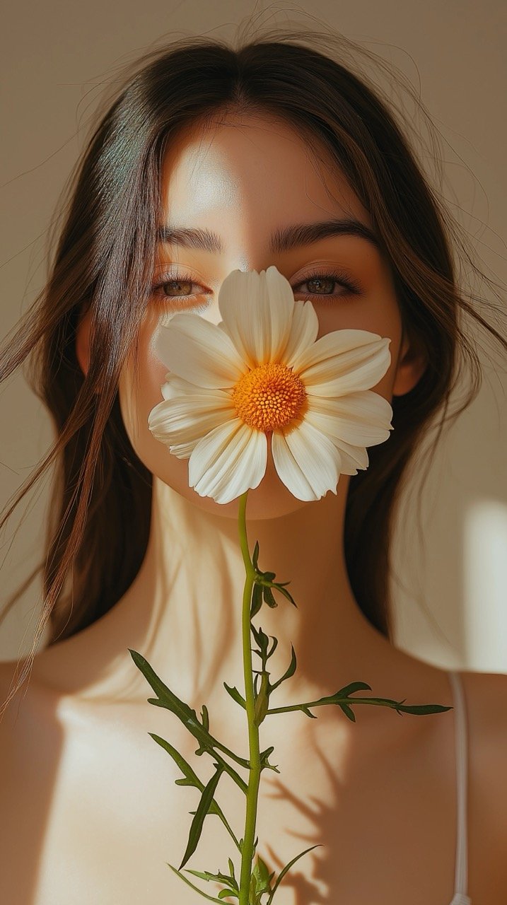 Aesthetic Young Woman Hides Her Face with a Flower in Sunlit Beige Shadow Background