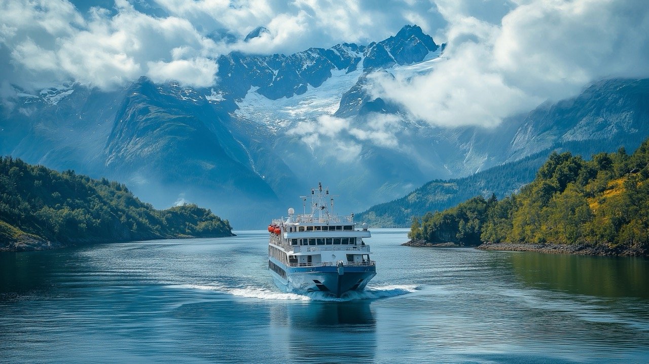 Alaskan Ferry Sailing Through Lynn Canal in Summer, Southeast Alaska – Scenic Stock Photo of Blue Waters