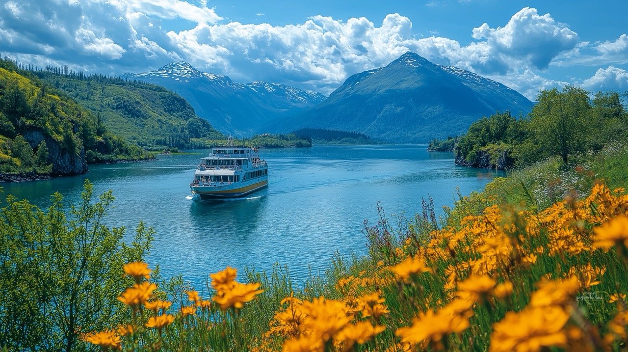 Alaskan Ferry in Southeast Alaska’s Lynn Canal During Summer – Beautiful Scenic Stock Photo