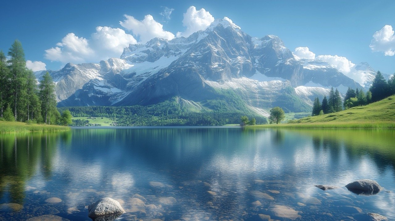 Alpine Summer Landscape Featuring Clear Mountain Lake – Gorgeous Stock Photo of Switzerland Scenery