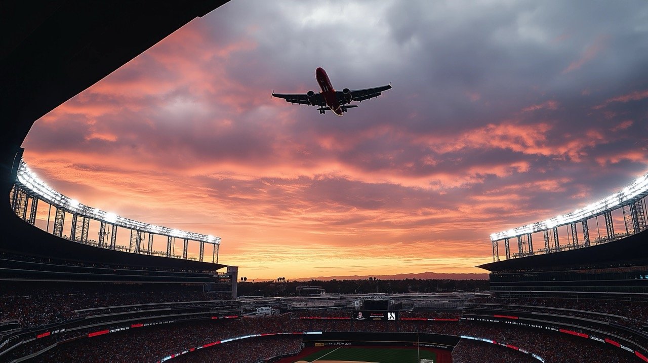 Anaheim’s Angel Stadium at Sunset Airplane Flying Over Stadium with HD Blue and Purple Wallpapers