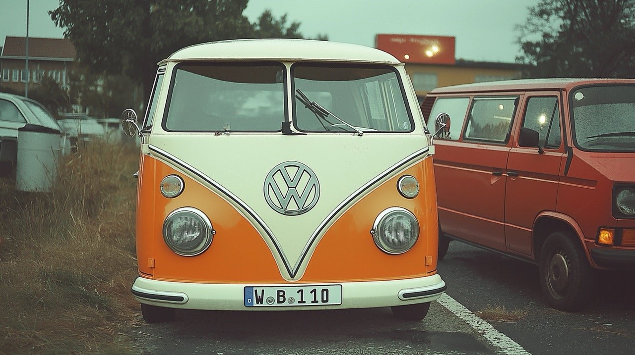 Analog Film Image Orange and White VW Bus Parked by Red Car at Night in Deutschland