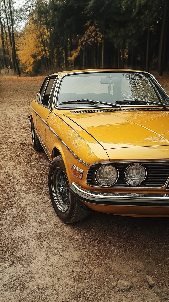 Analog Photography of Golden Vintage Car on Dirt Road in Germany, Nuremberg Film Shot