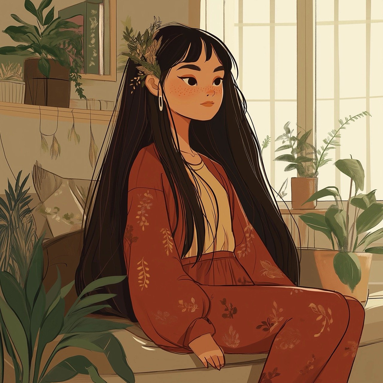 Anime-Style Lofi Girl with Brown Hair in Cozy Red Pajamas, Surrounded by Plants and Big Window