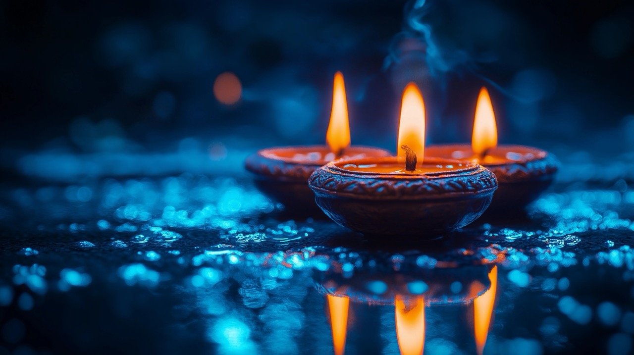 Artistic Display of Diya Lamps on Reflective Surface Celebrating Happy Diwali with Blue Background Colors