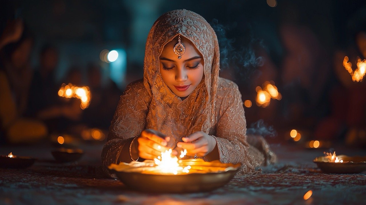 Asian Family Embracing Ramadan Night Traditions by Playing with Sparklers in an Outdoor Setting