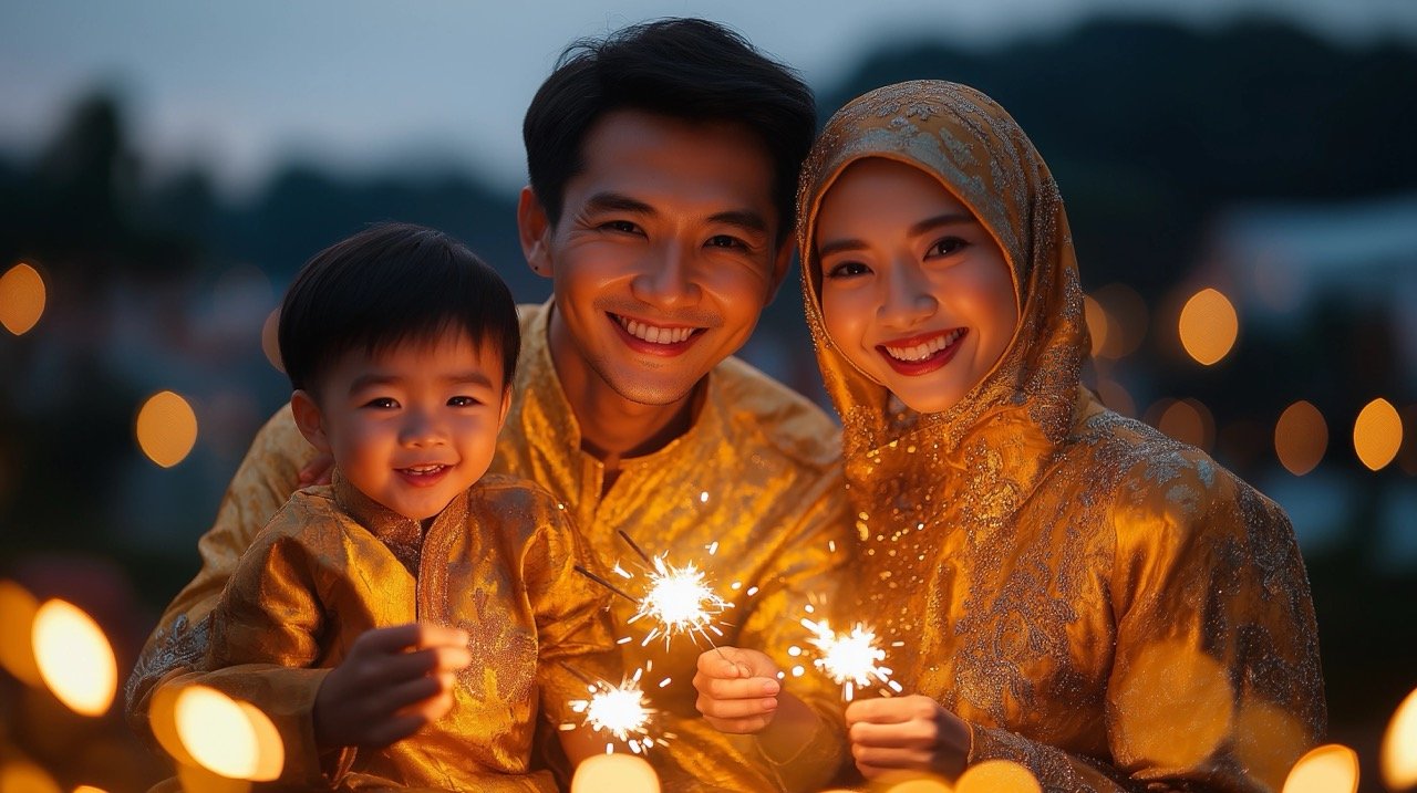 Asian Family Enjoying Sparklers on Ramadan Night Celebrating Cultural Traditions with Children Outdoors